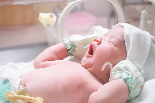 Newborn baby girl inside incubator in hospital post delivery room