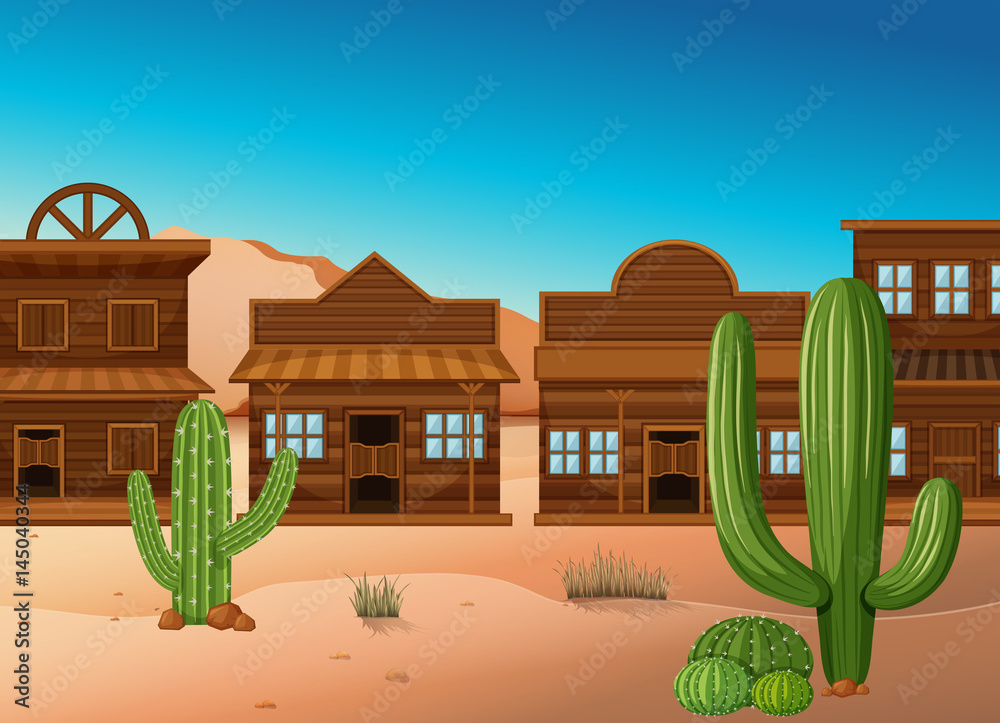商店和仙人掌的沙漠景象