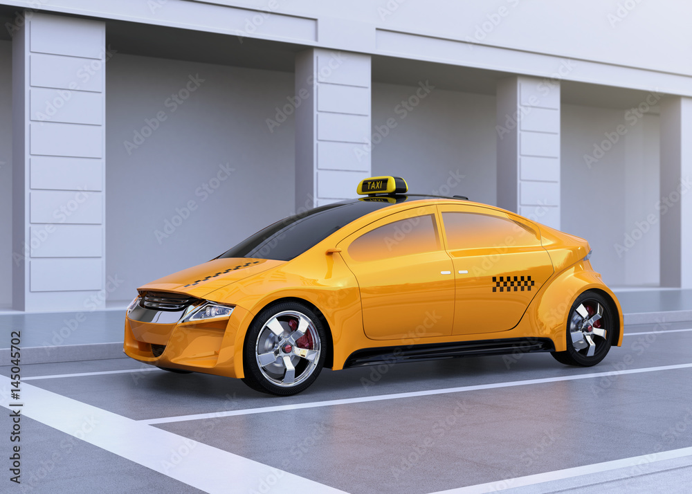 黄色出租车停在停车线上。3D渲染图像。