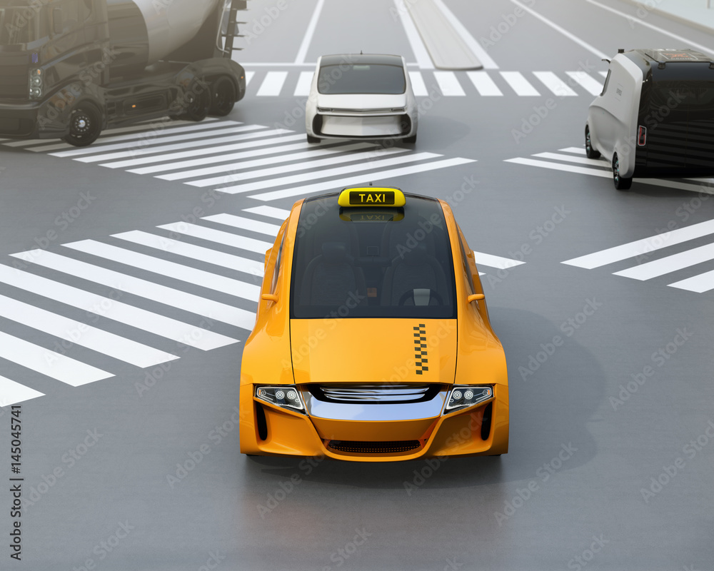 黄色电动出租车在街上行驶。3D渲染图像。