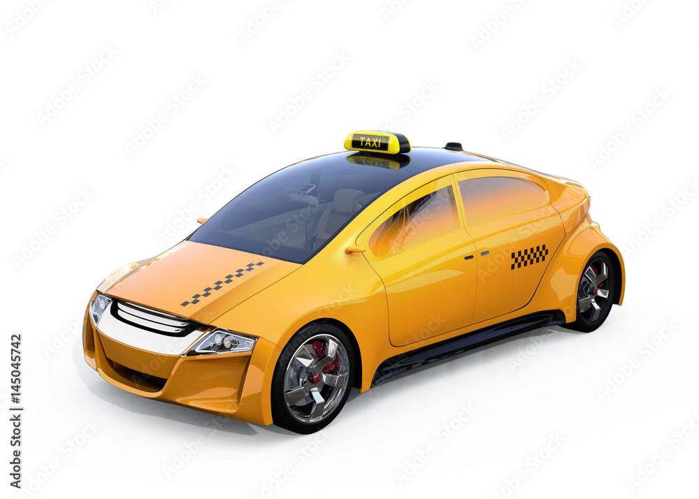 黄色电动出租车隔离在白色背景上。3D渲染图像。