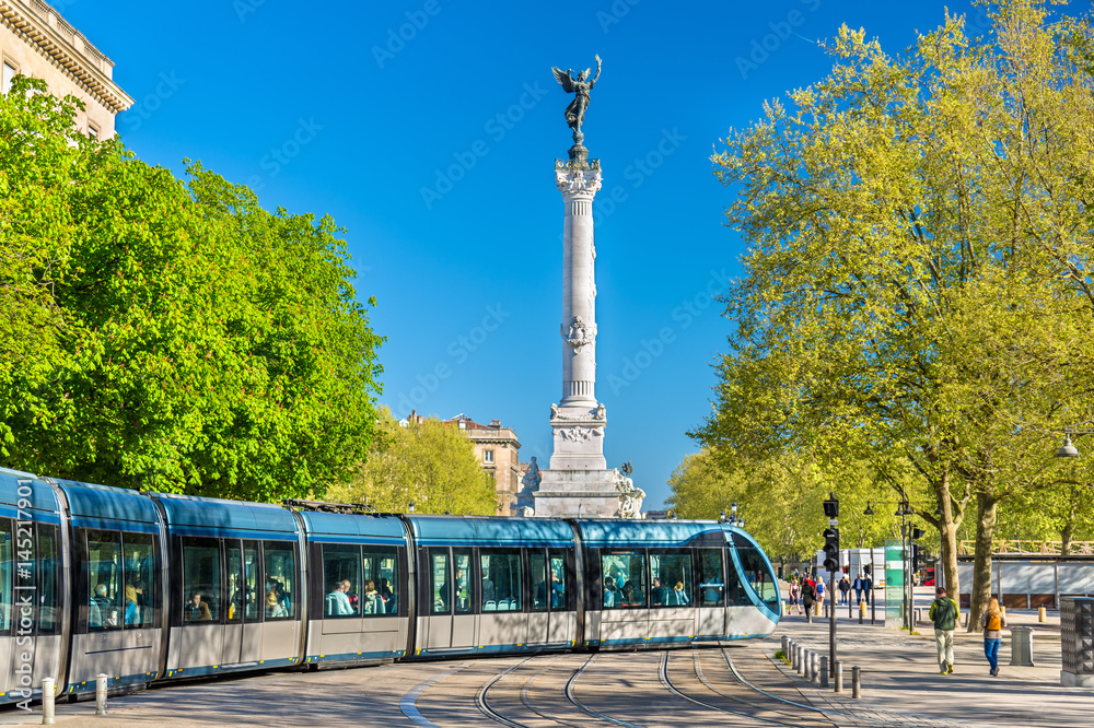 Tram near the Monument aux Girondins in Bordeaux, France