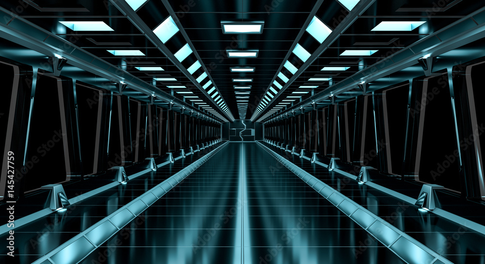 Spaceship black corridor 3D rendering