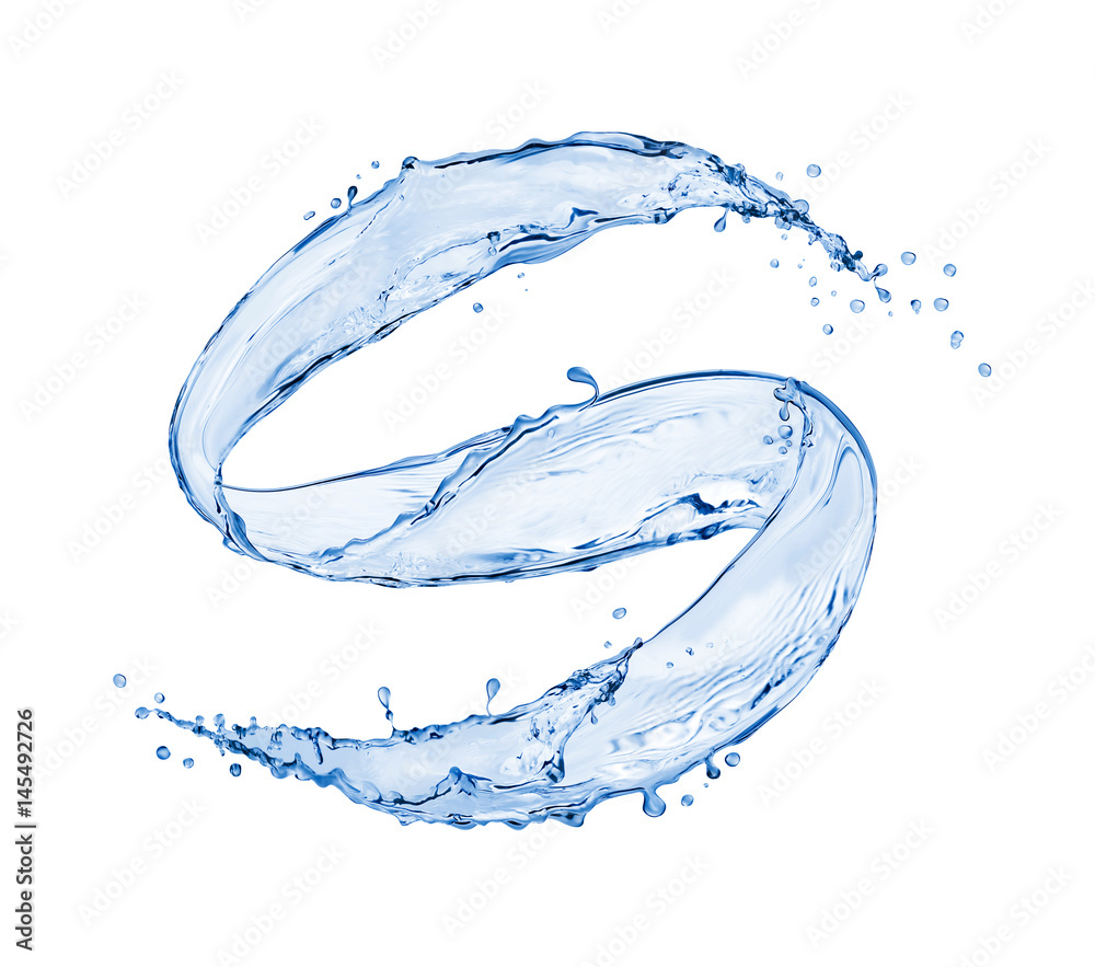 蓝色水滴呈漩涡状，孤立在白色背景上