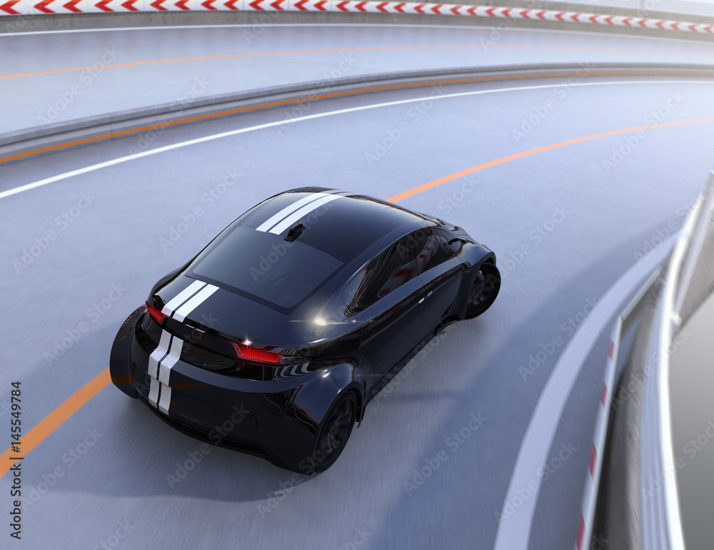 黑色电动跑车在高速公路上行驶的后视图。3D渲染图像。