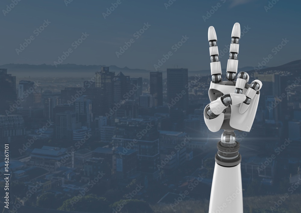 Android Robot hand peace gesture with blue city background