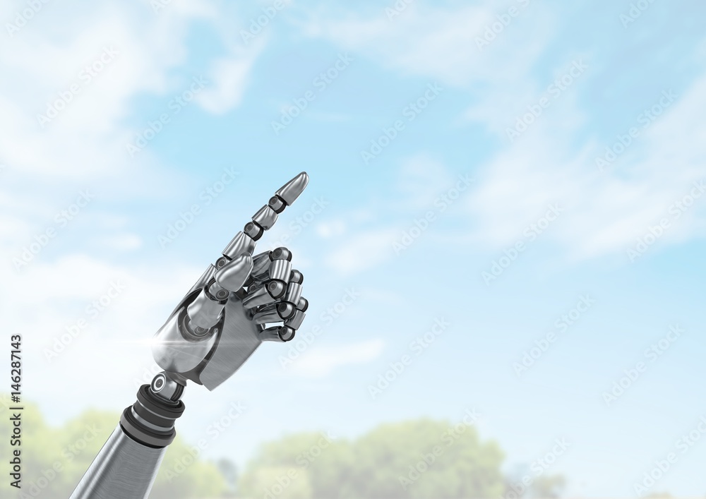 Android Robot hand pointing with bright sky background