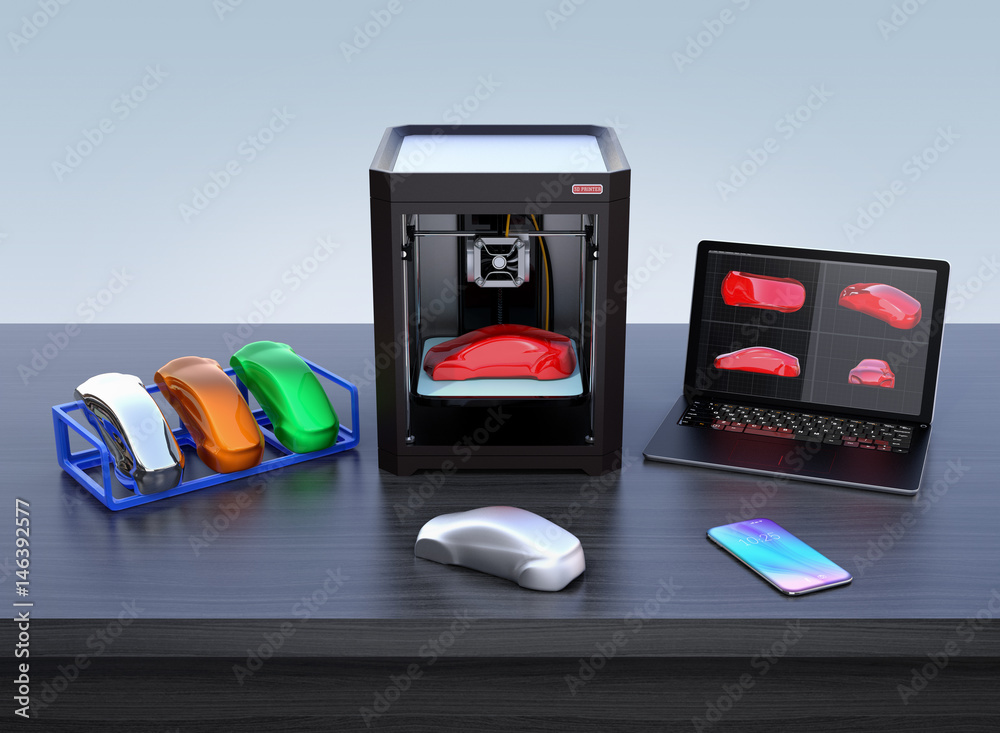 3D打印机、笔记本电脑和产品颜色样本。CMF（颜色、材料和饰面）设计过程概念