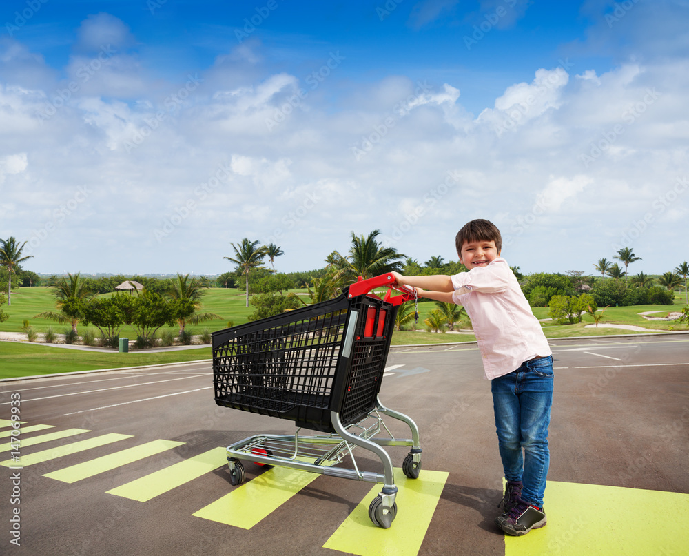 Little buyer crossing the road with shopping cart 