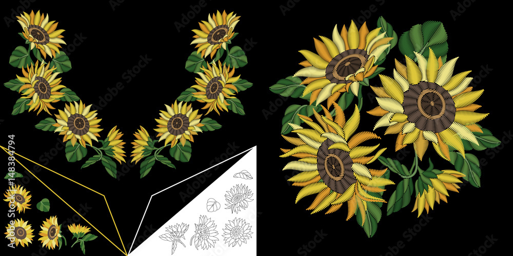 Embroidery neckline design. Collection of floral elements for dresses, collar t-shirts and blouses. 