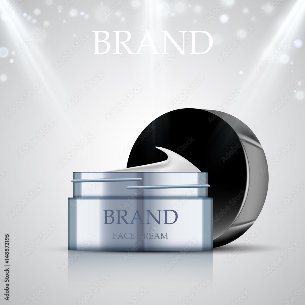 open jar of face cream with cap on abstract background, vector illustration