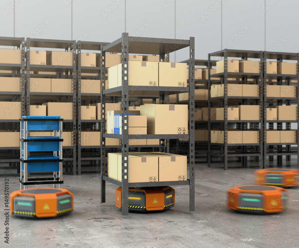 橙色机器人在现代仓库中搬运装有货物的托盘。现代配送中心概念。3D r