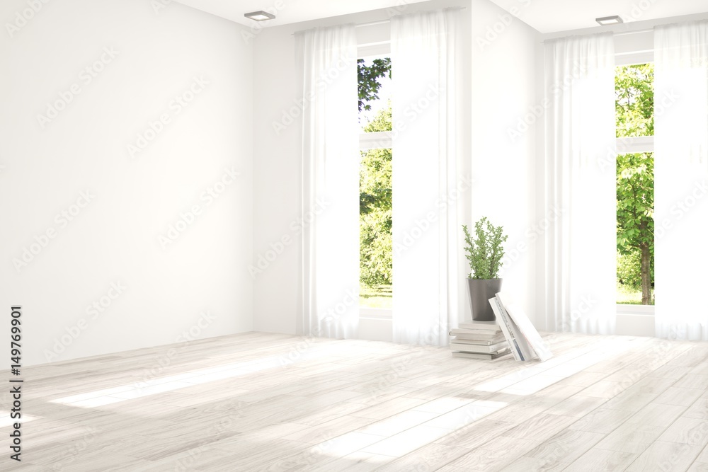 白色空房间，窗户里有绿色景观。斯堪的纳维亚室内设计。3D插图