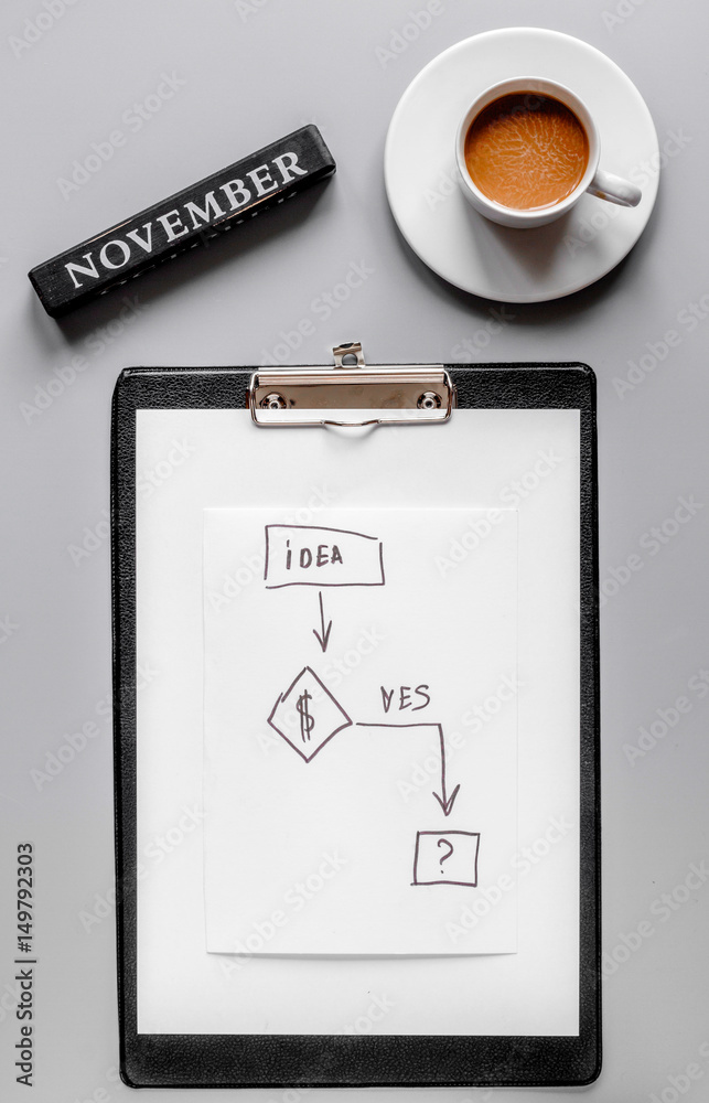 november business plan development with graphic and coffee desk background top view