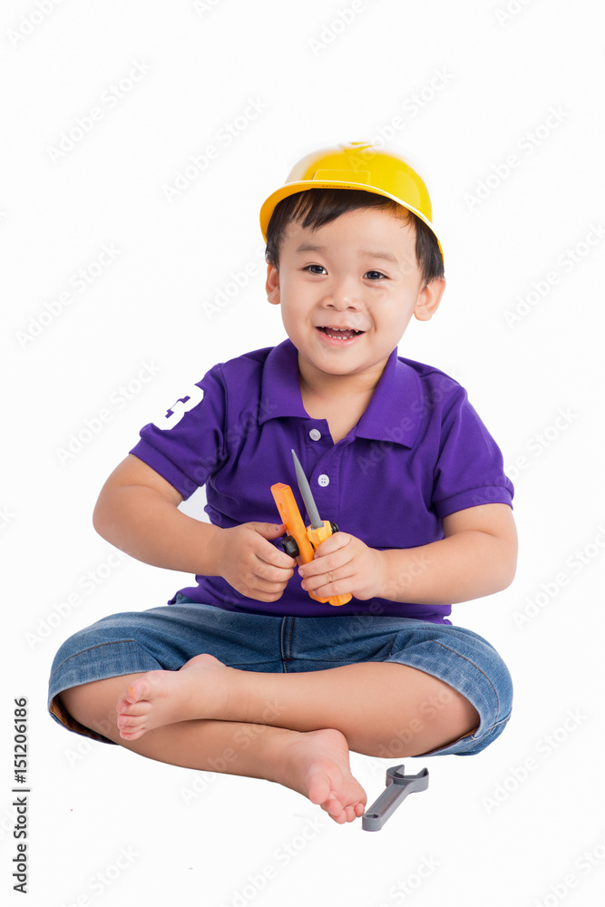 Little repairman in hardhat with repair tools
