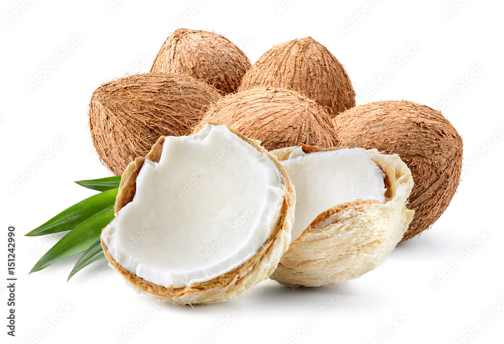 Coconut. Fresh young nuts. Group with a half isolated on white background. Full depth of field.