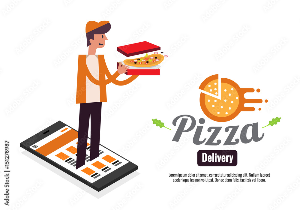 智能手机上的披萨男孩和盒子。在线移动订餐和送餐概念。平面设计ve