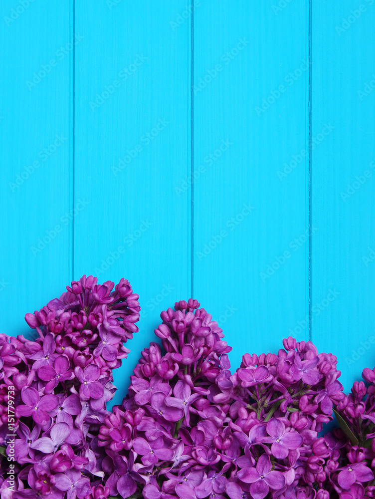 蓝色木质背景上的丁香花。