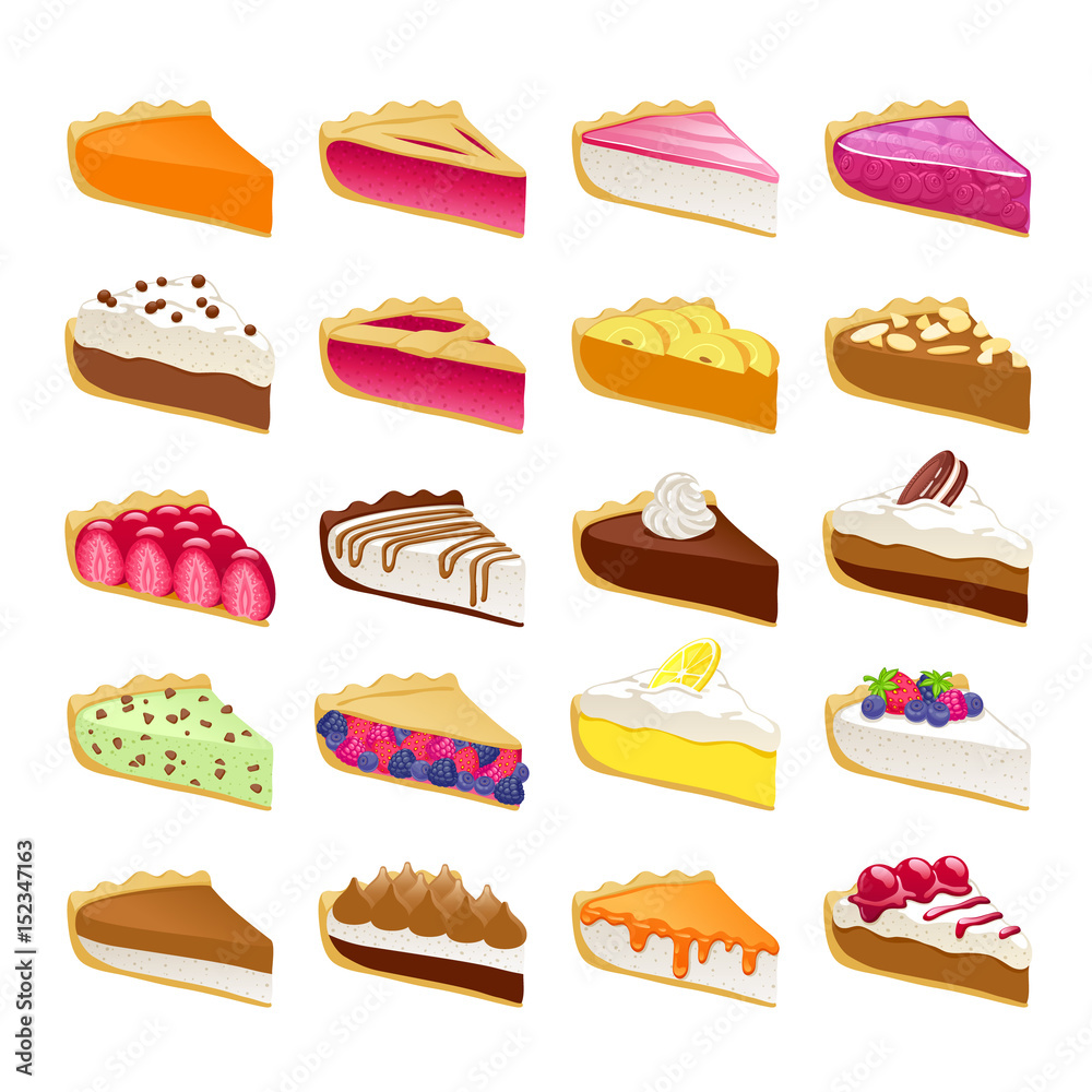 彩色甜馅饼切片集矢量插图。
