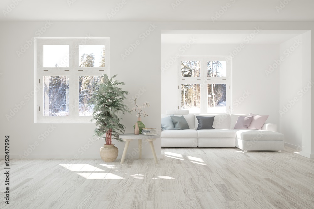白色房间，带沙发，窗户里有冬季景观。斯堪的纳维亚室内设计。3D插图