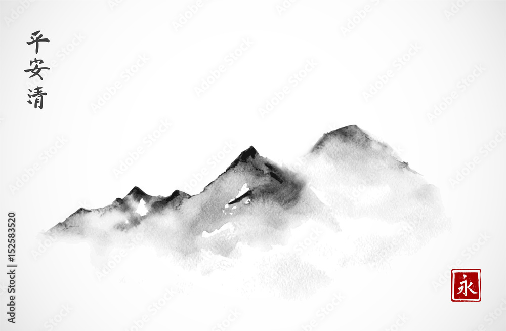 雾中山脉，用墨水在白色背景下以极简主义风格手绘。传统的东方i
