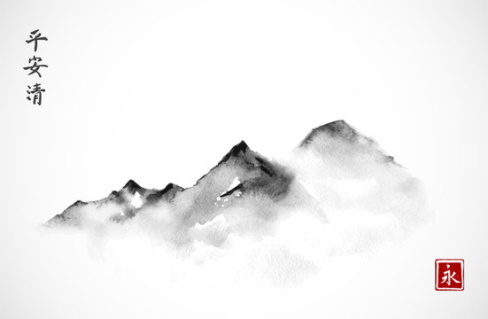雾中山脉，用墨水在白色背景下以极简主义风格手绘。传统的东方i
