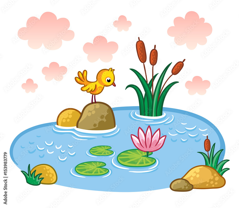 这只鸟站在池塘的岩石上。湖中有植物和芦苇。卡通中的矢量插图