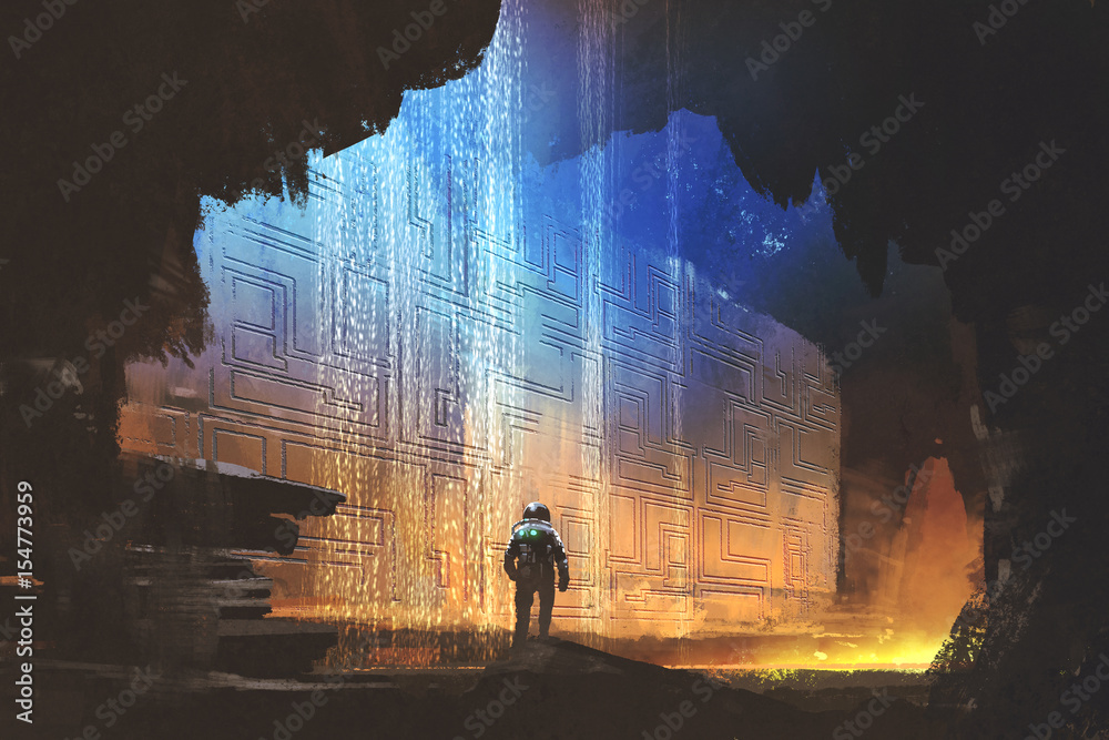 sci-fi concept of the astronaut looking at pattern on the rock wall in the cave with digital art sty