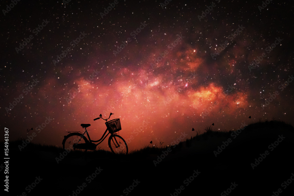 草地上复古自行车的剪影，梦幻的乳白色天空夜晚背景