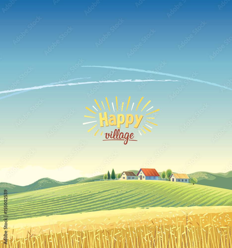 Rural landscape with village on the hill and wheat field. Vector illustration.