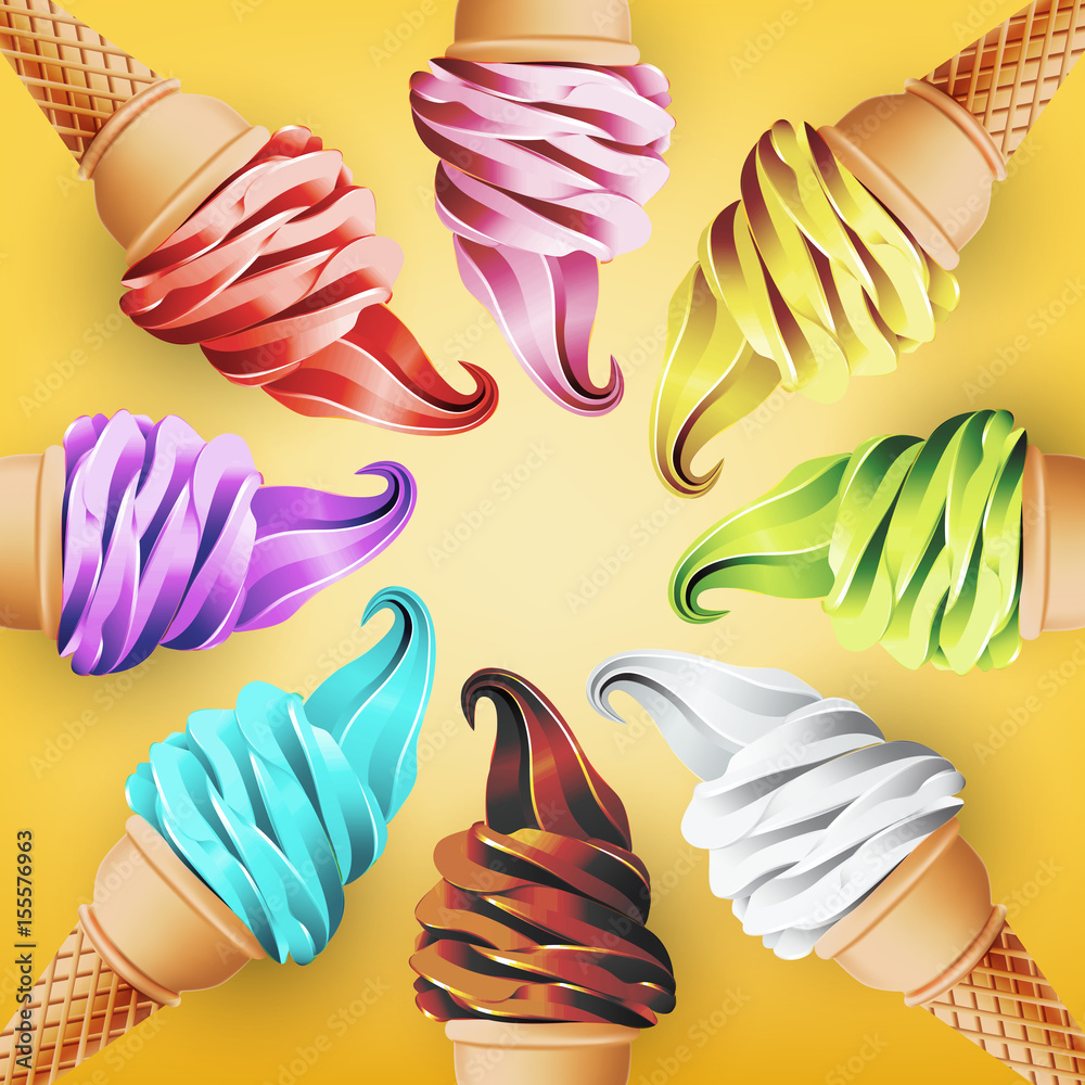 Colorful ice cream cone in form of circle, different flavors such as strawberry, peppermint, lemon, 
