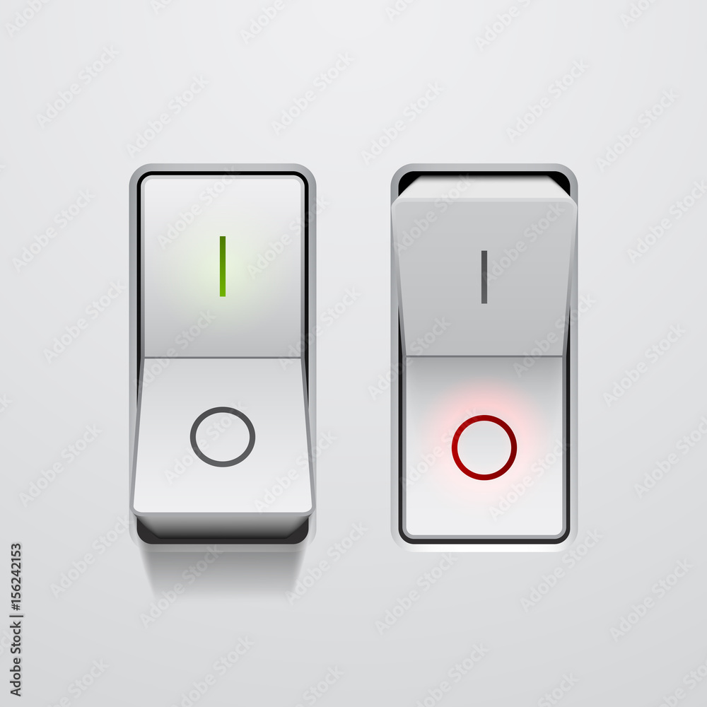 Set of realistic toggle switches in on and off positions, vector button illustration