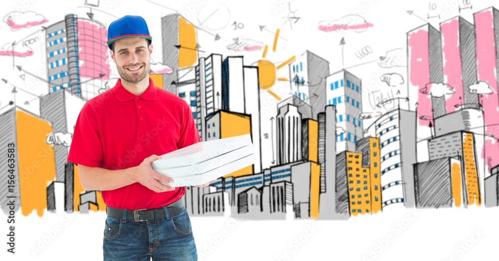 Digital image of pizza delivery man holding boxes 