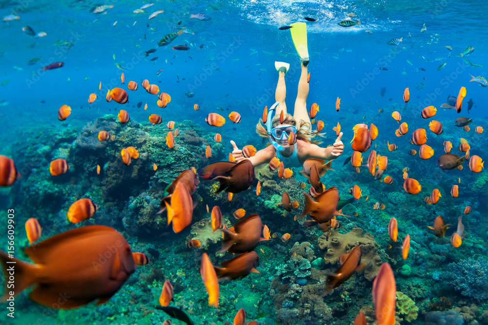 幸福的家庭-戴着浮潜面具的女孩在珊瑚礁海水池里与热带鱼一起潜水。