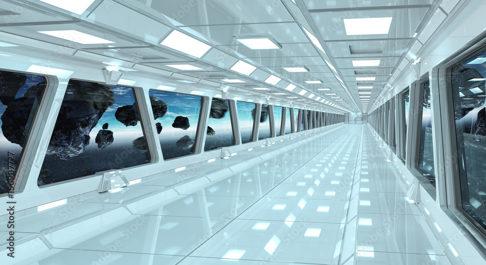 Spaceship corridor with view on the planet Earth 3D rendering elements of this image furnished by NA