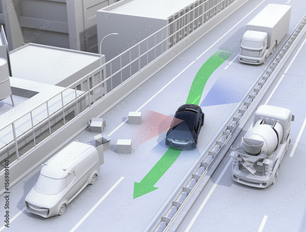 自动驾驶汽车快速变道以避免交通事故。驾驶员辅助系统的概念