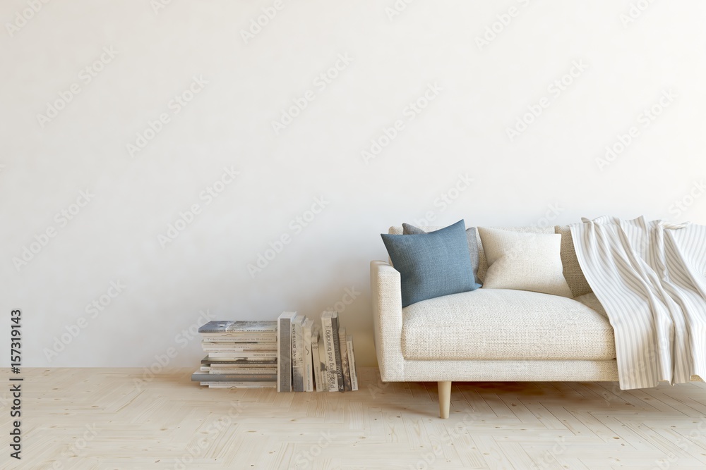 带沙发的白色现代房间。斯堪的纳维亚室内设计。3D插图