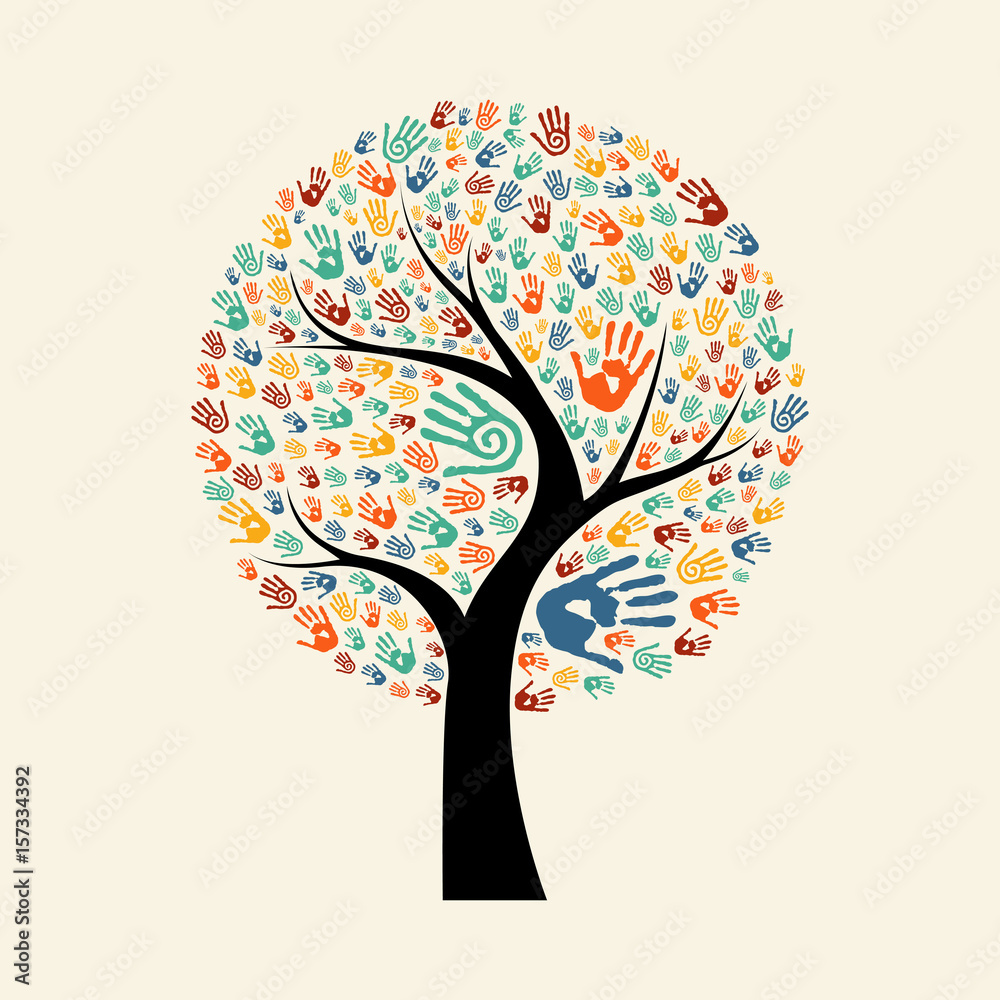 多样化社区帮助的树手插图