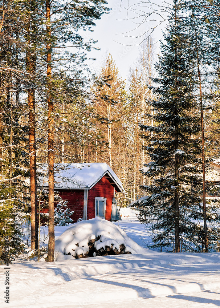 House at reindeer farm in winter Lappish Rovaniemi in Finland