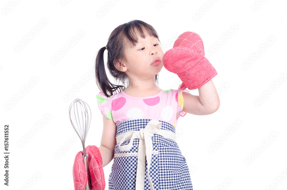 Little asian girl  wearing apron and glove over white background