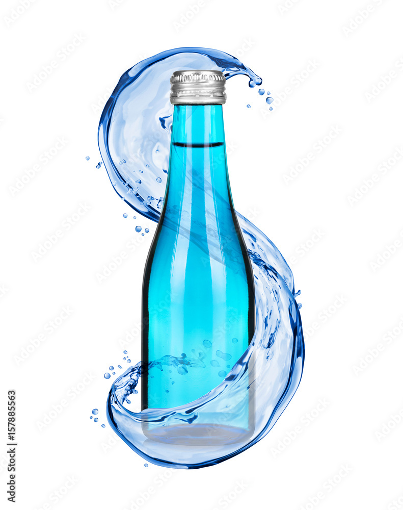 Splashes of water around a bottle on a white background