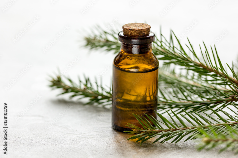 Spruce needle aromatherapy essential oils in bottles on white table background