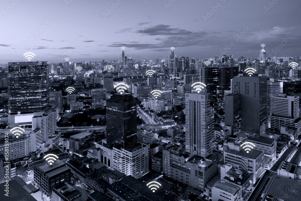 Wifi icon and Bangkok city with network connection concept, Bangkok smart city and wireless communic