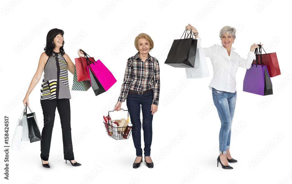 Diverse Women Enjoy Shopping Studio Isolated