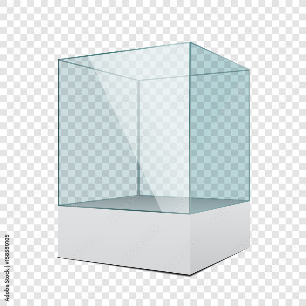 3d空透明玻璃陈列柜，简单背景上有讲台