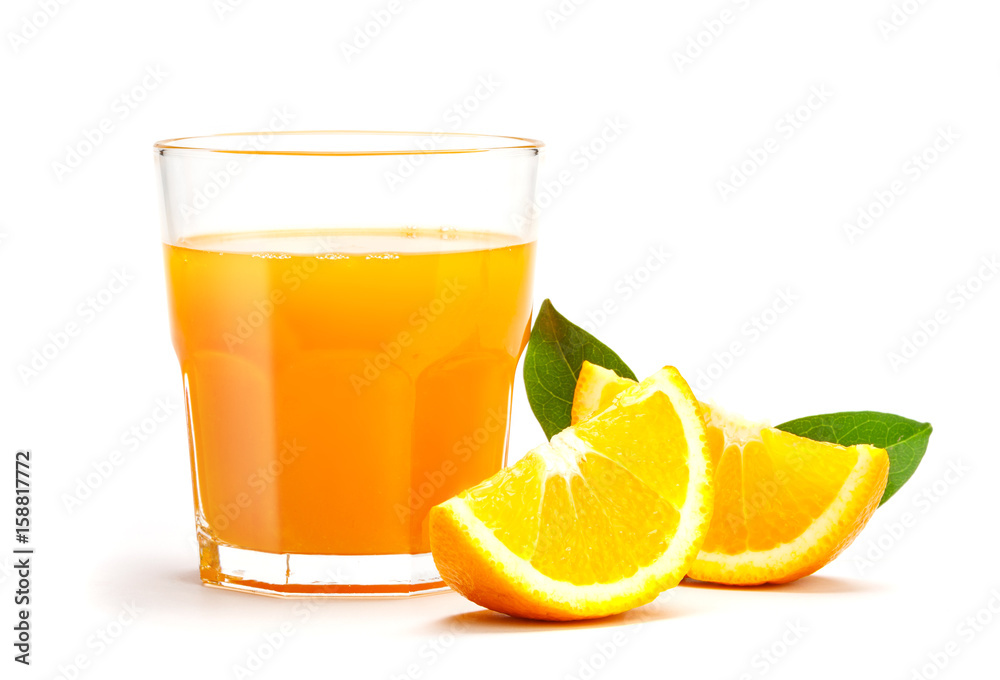 Glass of fresh orange juice isolate on white background, Fresh fruits Orange juice in glass with gro