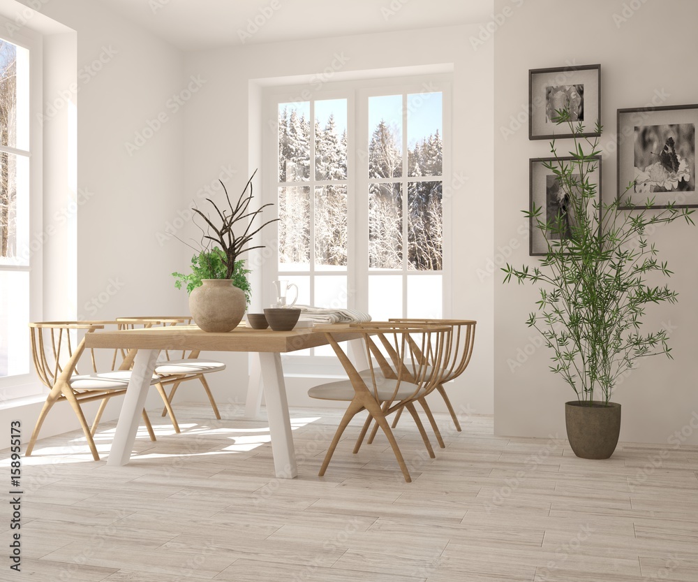 白色餐厅，窗户里有冬季景观。斯堪的纳维亚室内设计。3D插图