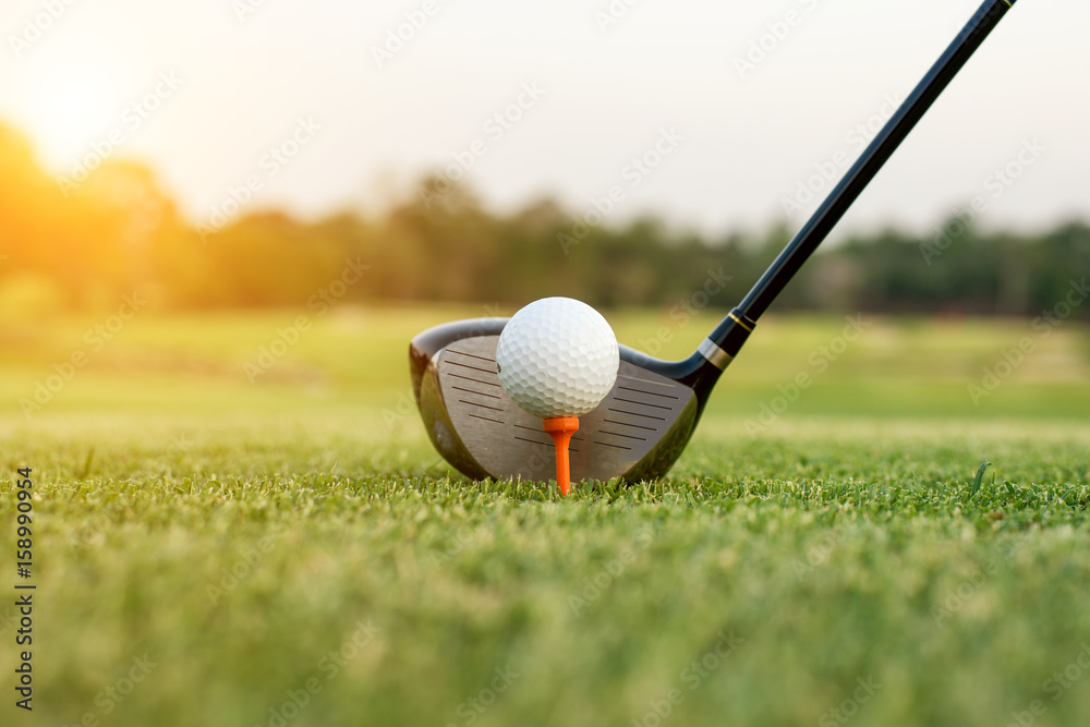 高尔夫球杆和球在阳光下的草地上。近距离观看高尔夫球杆和高尔夫球。