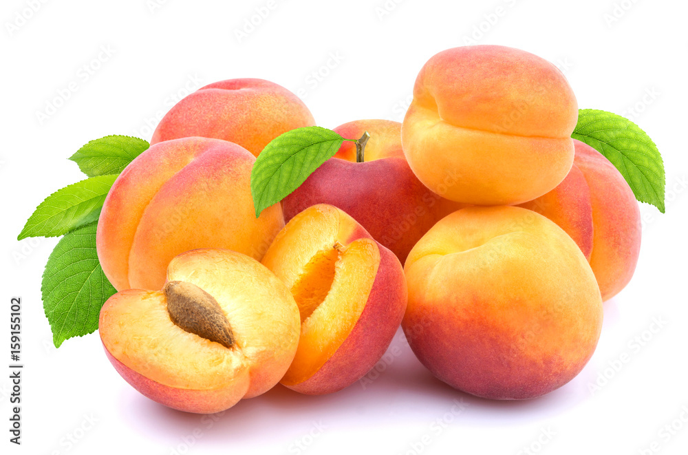 Apricot isolated. Group of apricots with leaves isolated on white background with clipping path