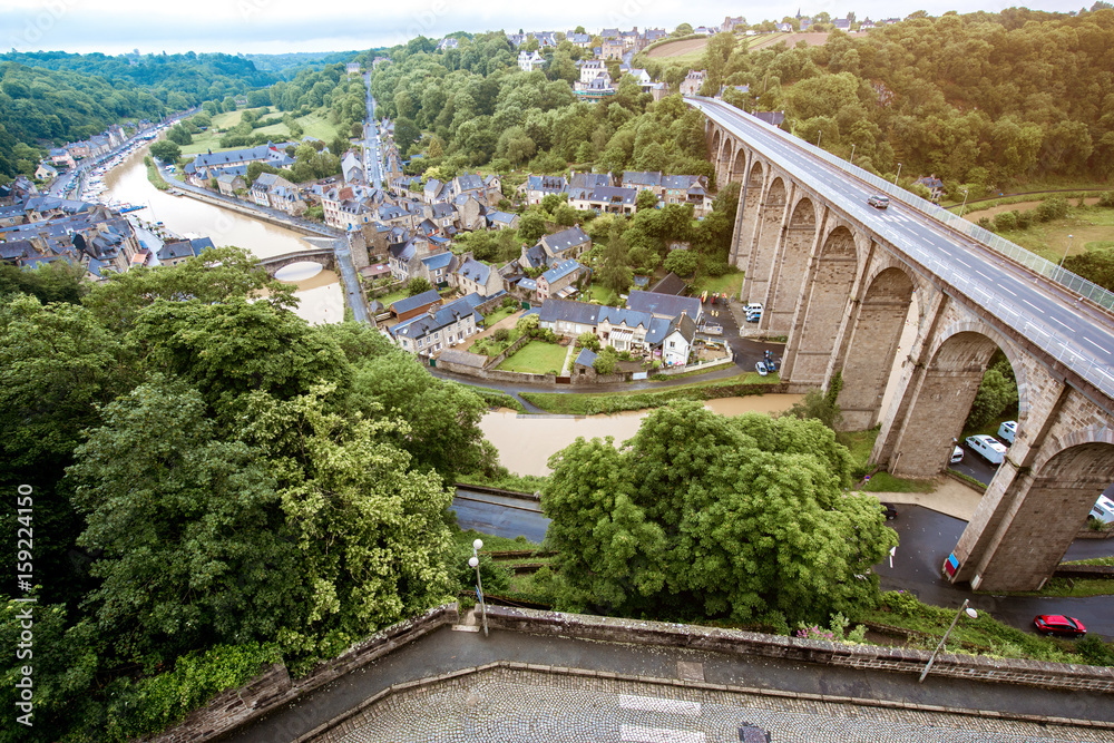 Top view on the famous Dinan town with viaduc and river Rance in Brittany region in France
